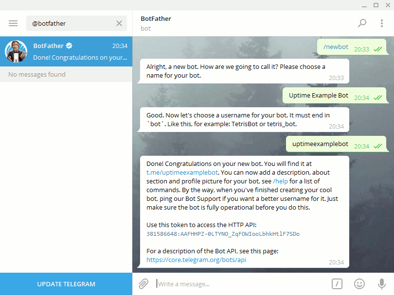 Регистрация бота через BotFather
